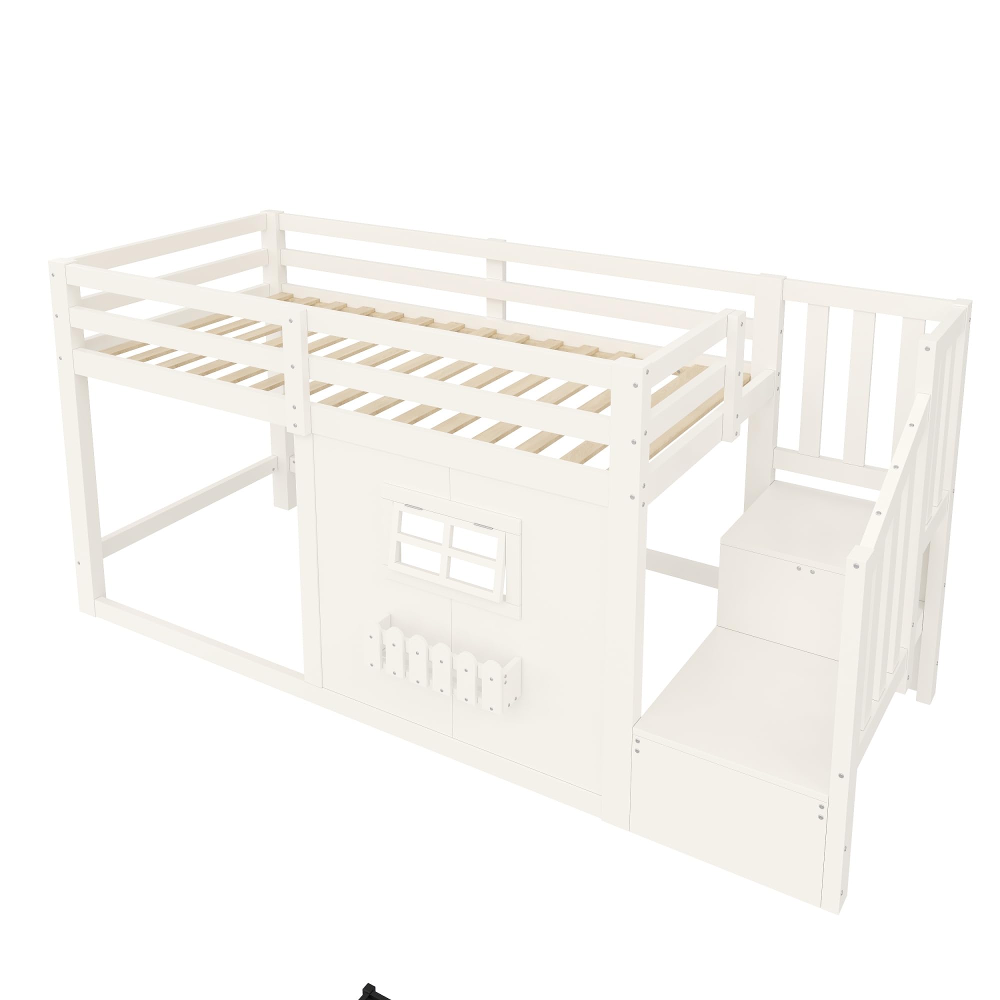 Cama alta 90 x 200 cm, madera de pino, ventana, escalera de almacenamiento, barra de luz LED, sin colchón