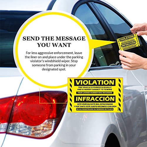 Parking Violation Stickers for Cars (Fluorescent Yellow) - 50 Bilingual Spanish No Parking Prohibido Estacionar/Hard to Remove Super Sticky No Park Tow Warnings 8” x 5” by MESS