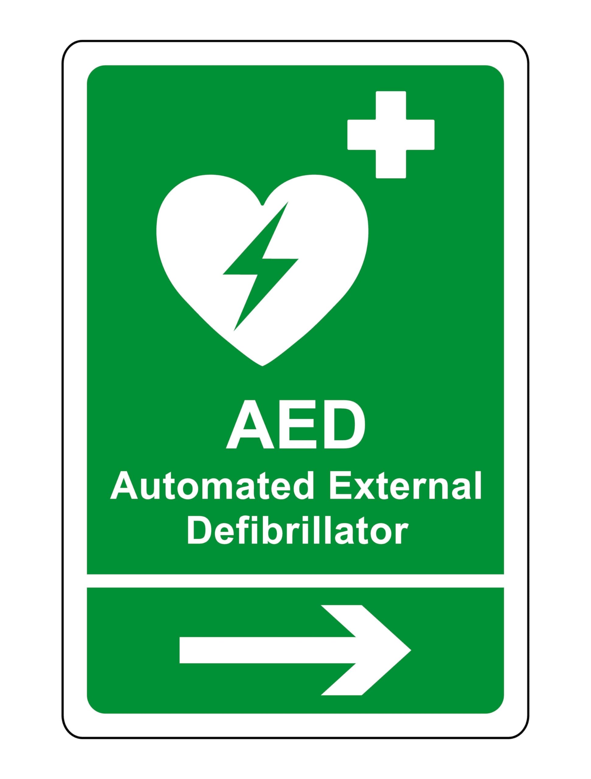 AED Safety sign - Automated External Defibrillator arrow right emergency sign - 1.2mm Rigid plastic for indoor/outdoor usage (400mm x 300mm) Viewing Distance within 14m.