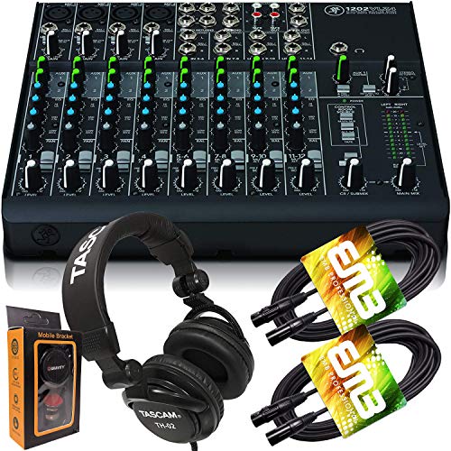 Mackie 1202VLZ4 12-channel Mixer 12-ch Analog Mixer with 4 Onyx Mic Preamps + Pro Headphone with Pair of EMB XLR Cable and Gravity Magnet Phone Holder Bundle