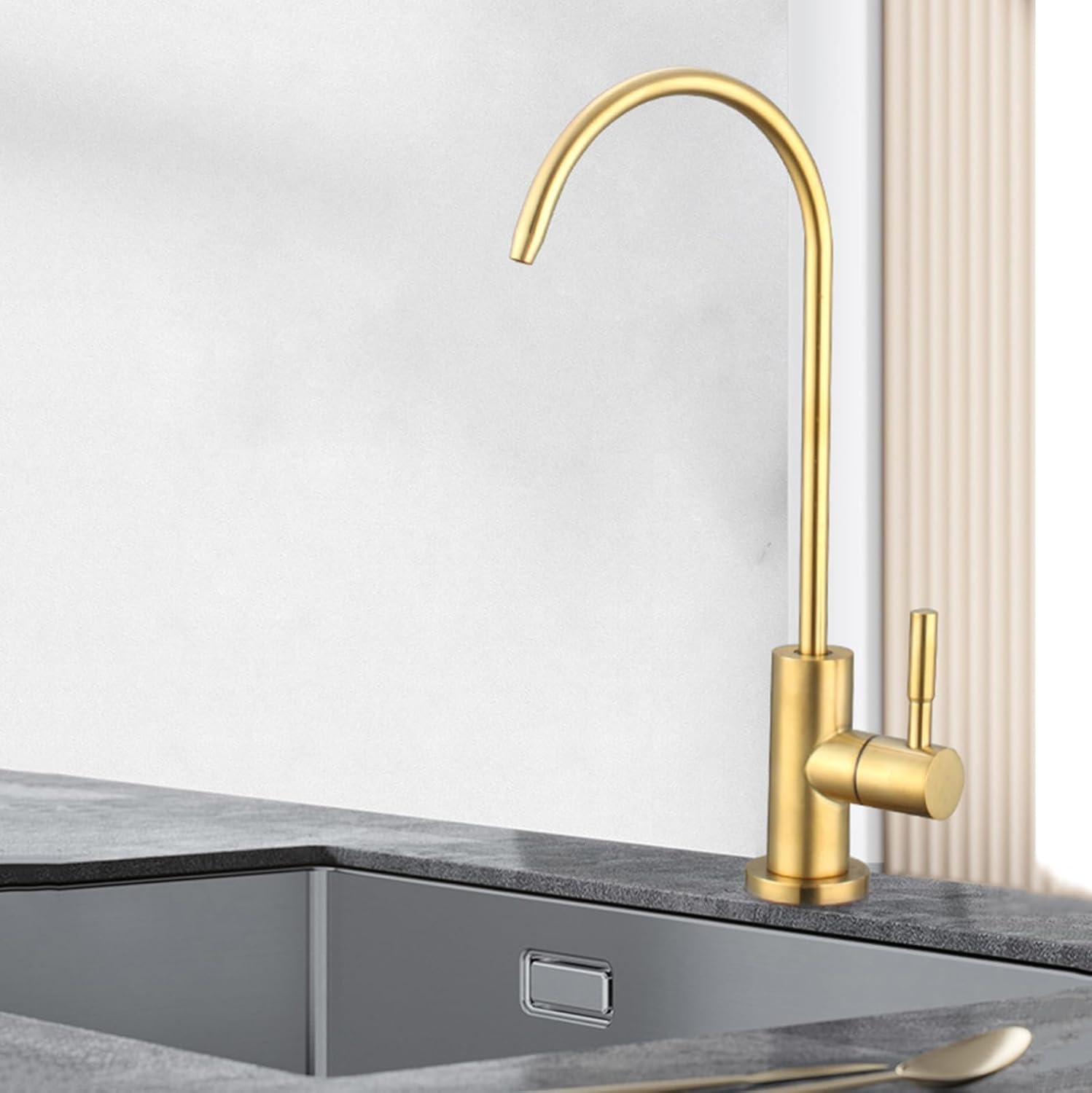 Water Filter Taps Kitchen Sink, Single Hole Gooseneck Cold Water Tap Only, Brushed Stainless Steel Sink Tap,Brushed Gold