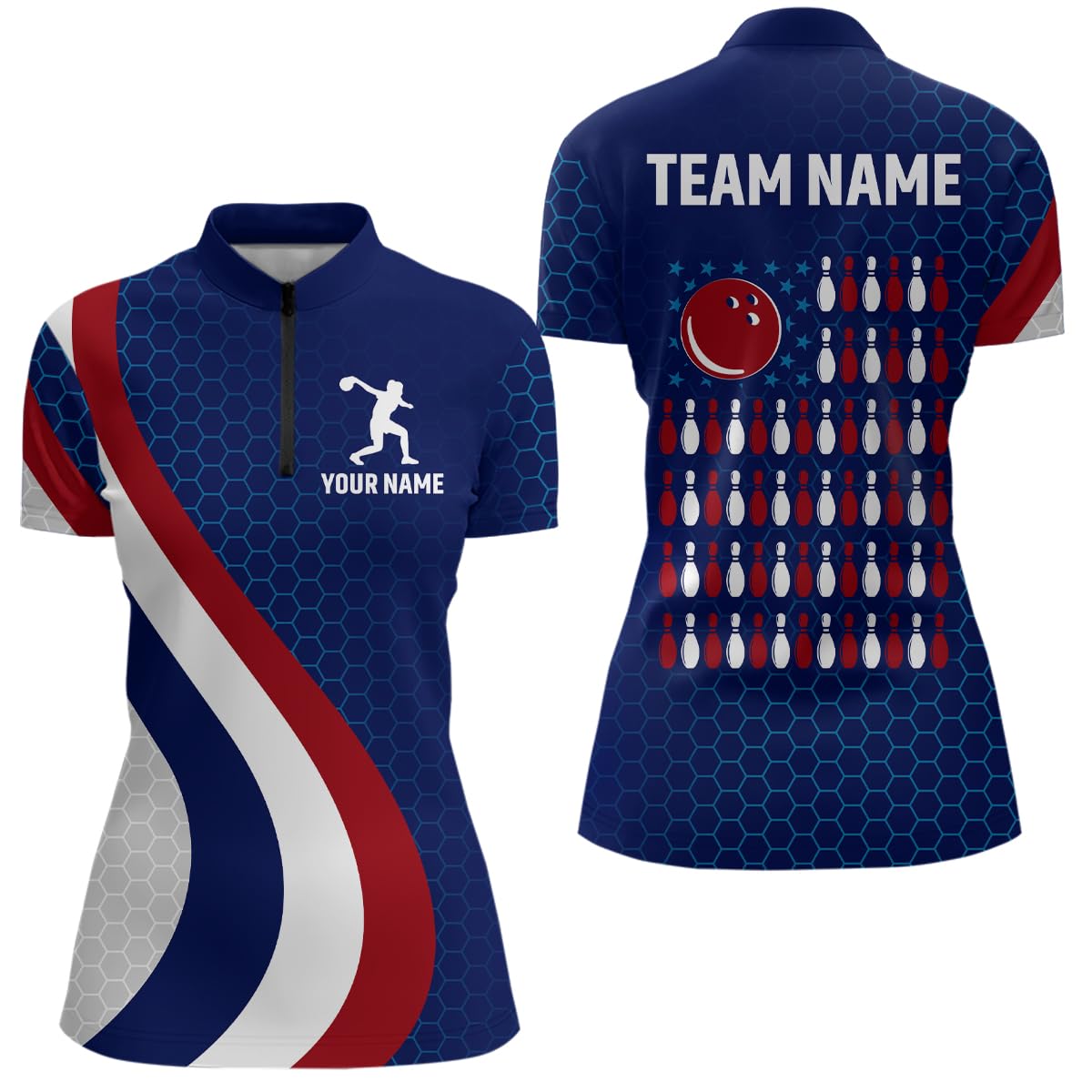 PIONAMZIOZ Personalized American Bowling Shirts for Men Women Patriotic Bowling Jersey Navy Polo & Quarter Zip Bowling Outfit (US, Alpha, Small, 5X-Large, Regular, Regular, Women Quarter-Zip)