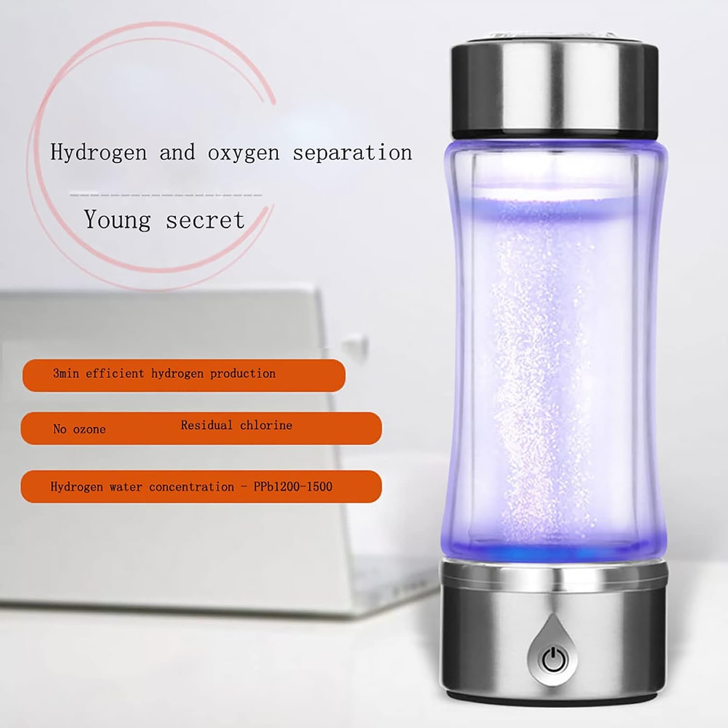 Hydrogen Rich Water Generator Within 3 Minutes Contents Up to 1200-1500PPB Portable Hydrogenated Generates Ionizer Hydrogen Water Bottle Bottle Adapter for Daily Use & Travel 420 ML