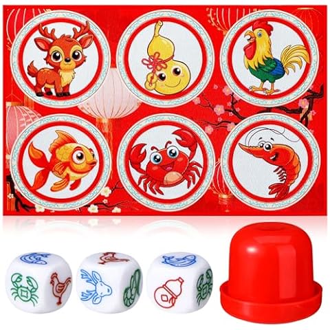 VioraWhite BAU Cua Dice Game Set Gourd Fish Shrimp Crab Dice with Mat Shaker Vietnamese BAU Cua Ca Cop Game BAU Ca Tom Cua Klah Klok for Lunar New Year, Gatherings, Celebrations Cover