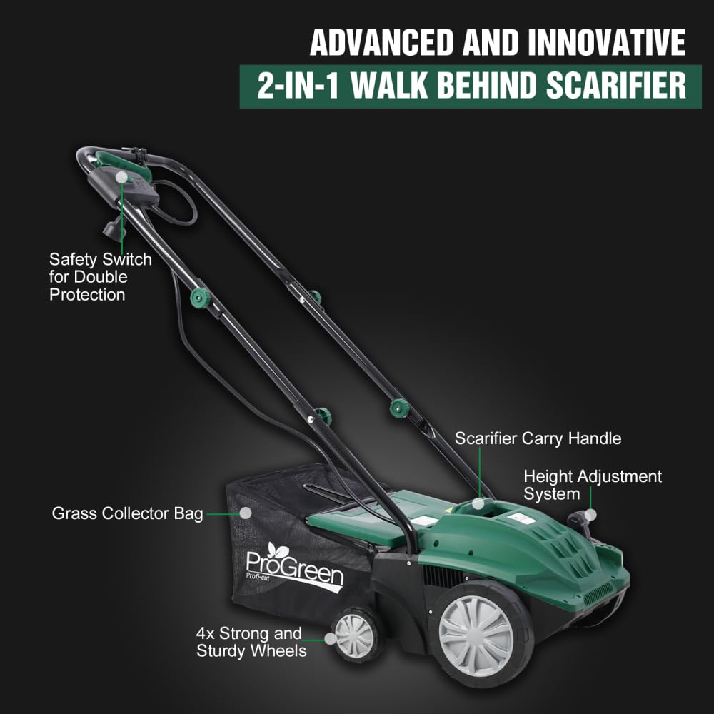 Escarificador eléctrico 2 en 1, 13 pulgadas y 12 amperios con bolsa de recogida extraíble de 31.7 cuartos de galón, altura de rastrillo ajustable, motor de 3600 RPM para cuidado del césped y