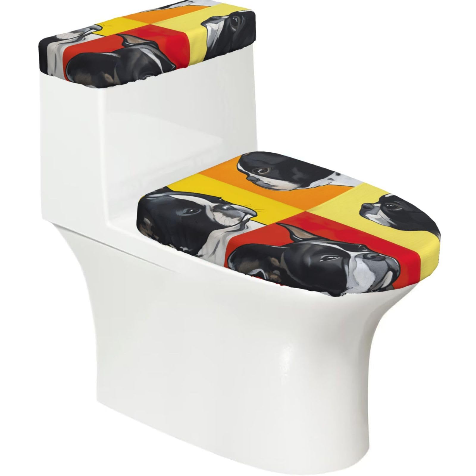 Edwal Black Cute Pug Print 2 Pcs Elastic Toilet Seat Covers Set Washable Toilet Lid Cover Toilet Tank Cover For Bathroom