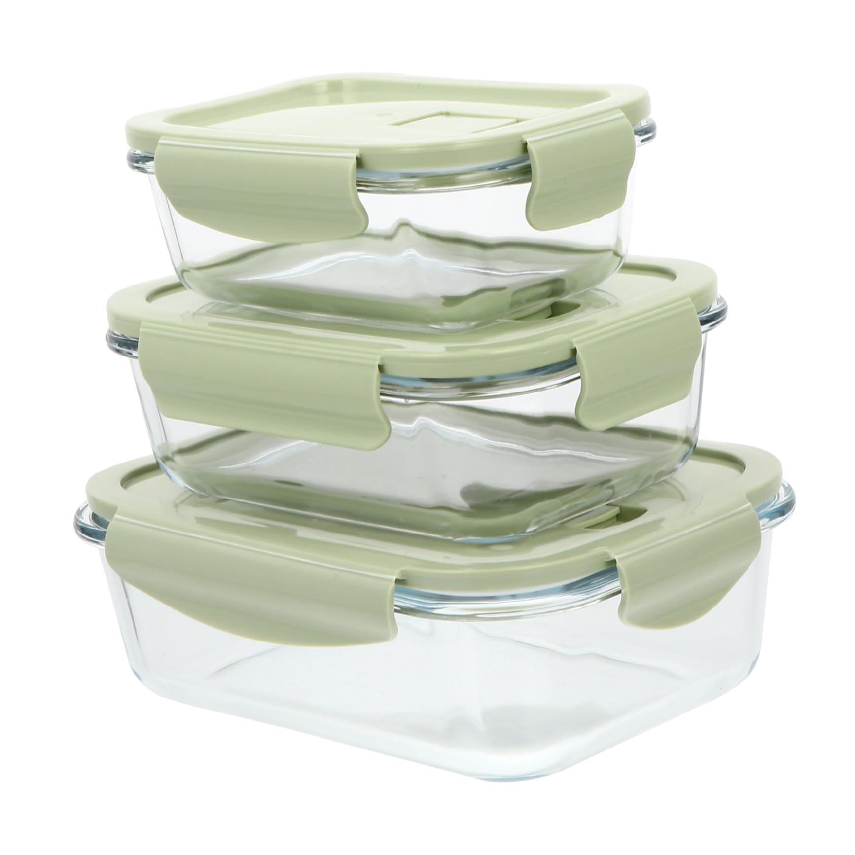 Boîte à Bento Alimentaire en Verre 3 Pièces, Couvercle Pp Vert