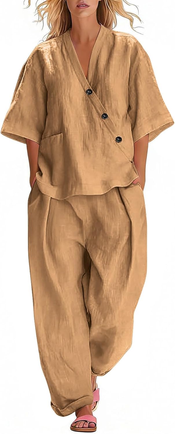 Linen Set for Women 2 Piece Button Side Irregular Shirts Matching Pants Sets 2026 Comfort Casual Airport Outfits