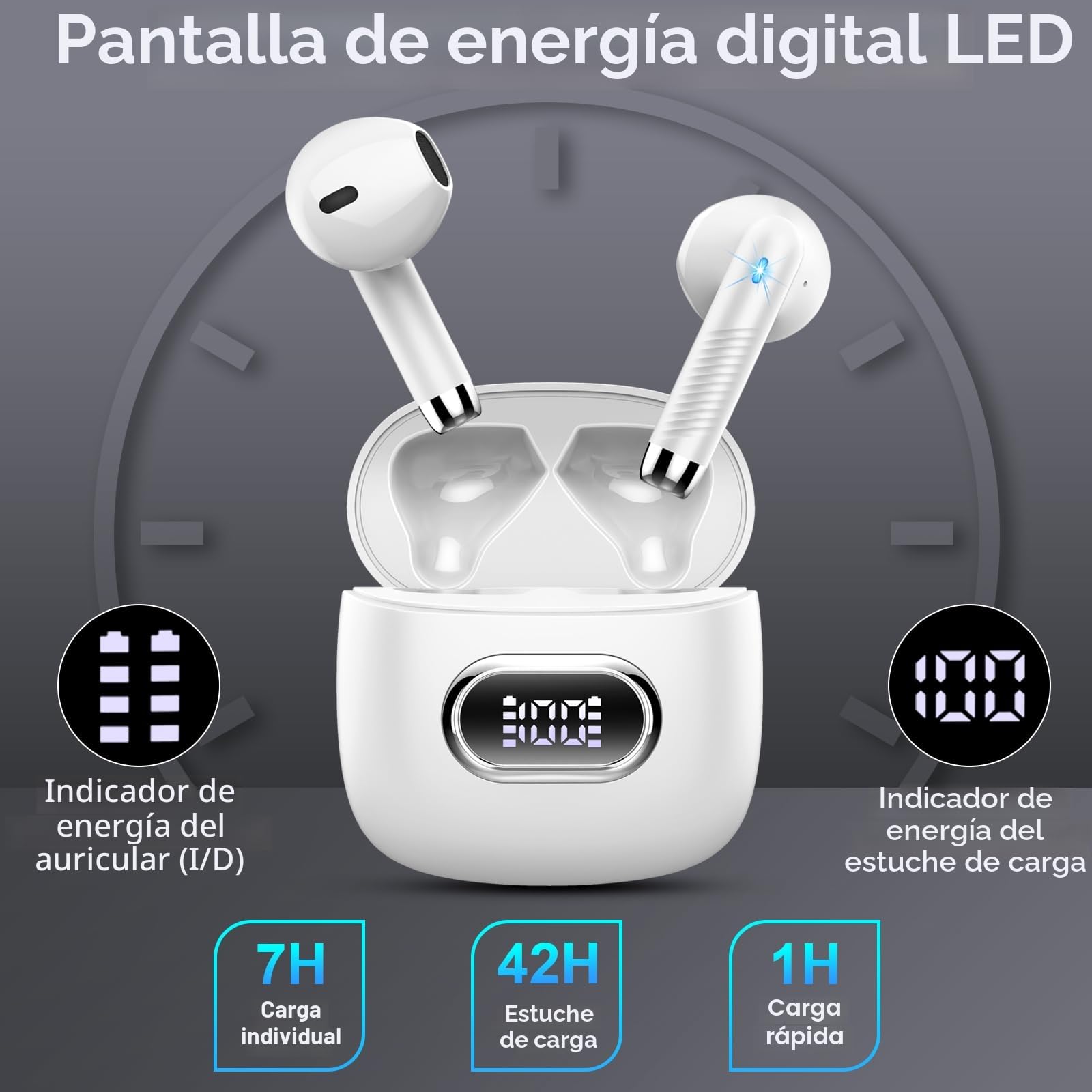Drsaec Auriculares Inalámbricos, 2024 Auriculares Bluetooth 5.3 con Reducción de Ruido ENC Mic, Mini Cascos Inalambricos Bluetooth 42H Estéreo HiFi in Ear IP7 Impermeable, LED Pantalla, USB-C
