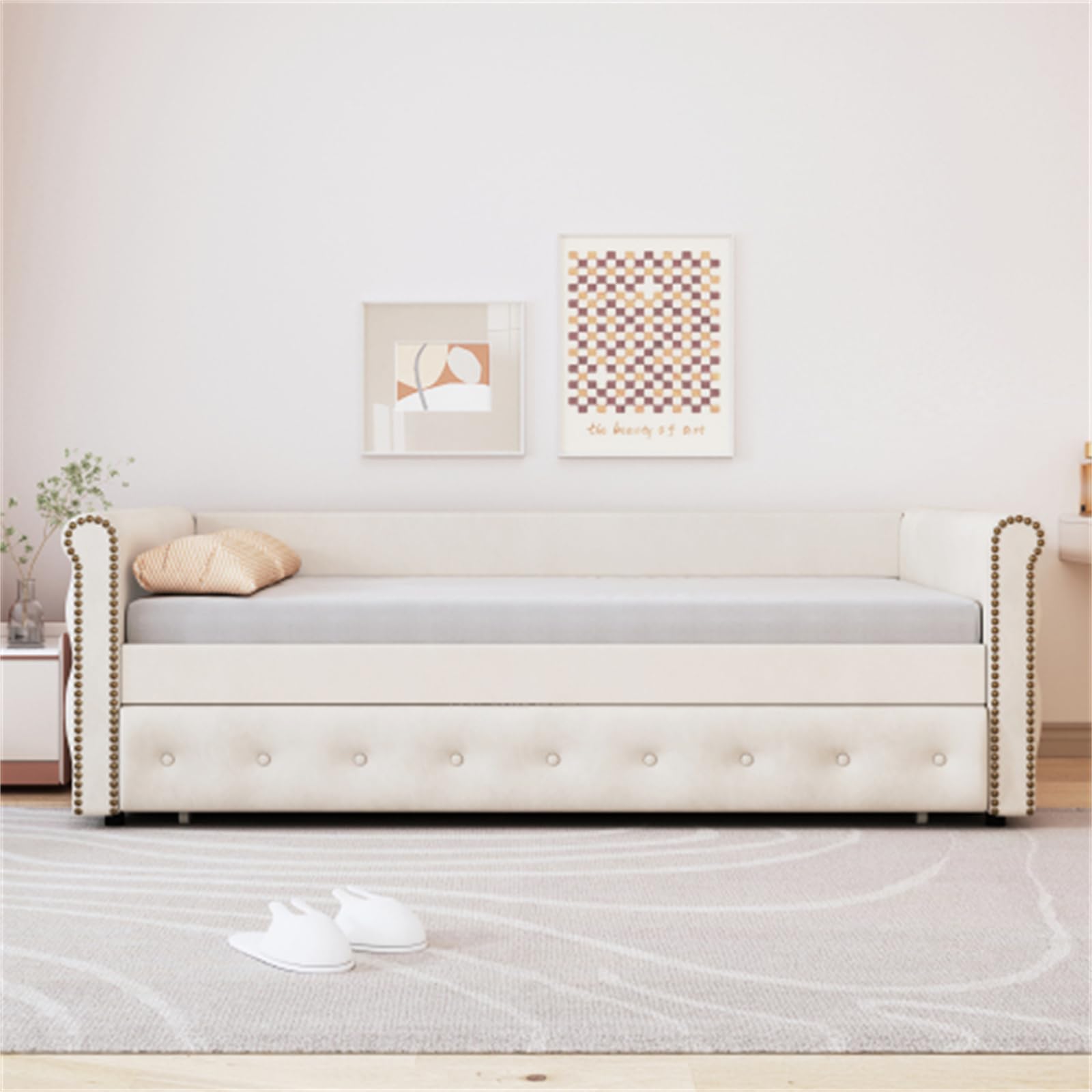 Cama nido tapizada con marco de listones de madera, cama juvenil, cama infantil, cama de invitados (beige + 90 x 200)
