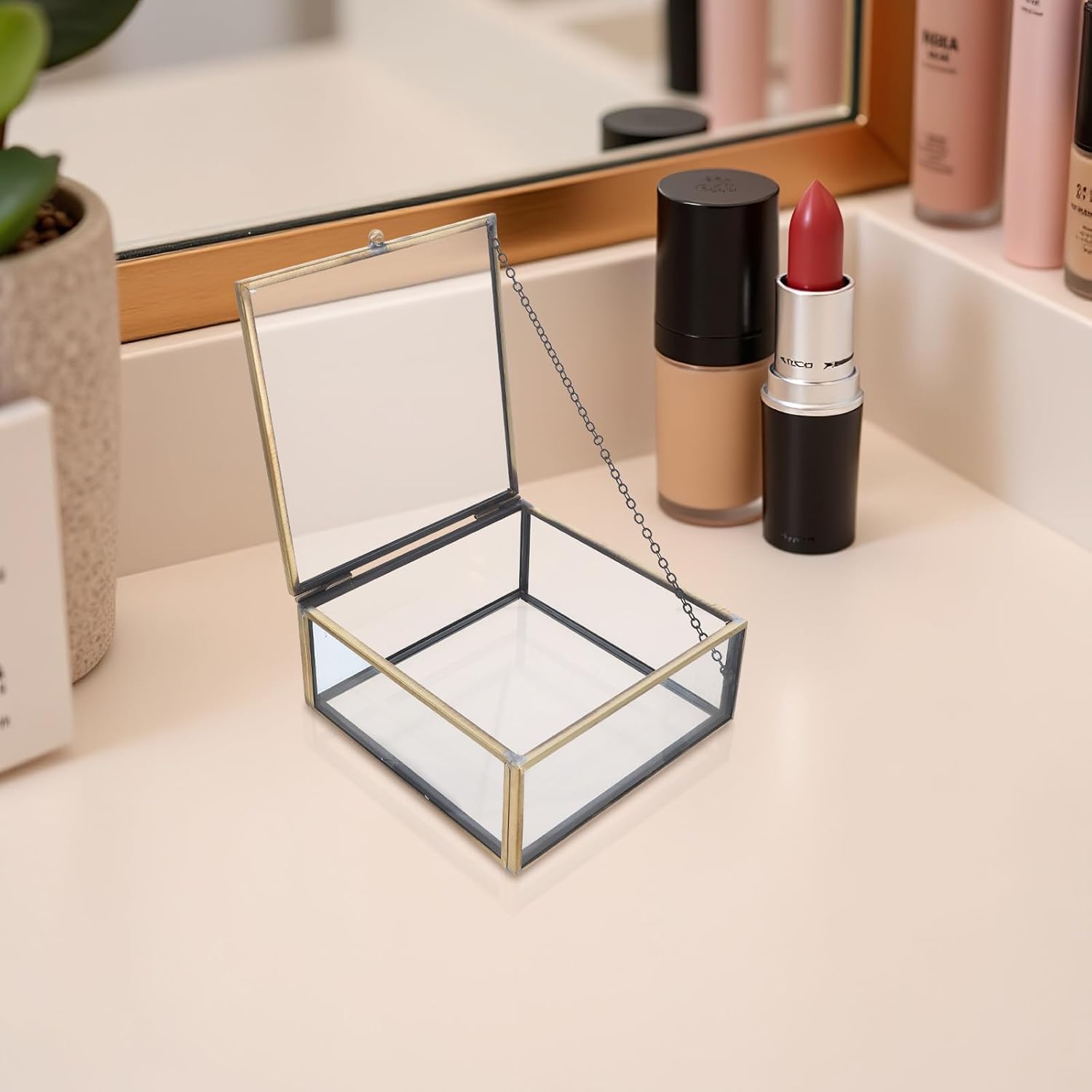 Vintage Glass Jewelry Box with Lid, Luxury Alloy Frame, Spacious Rectangle Keepsake Box for Jewelry and Bracelets, Decorative Storage Organizer for Desktop and Personal Use image 5