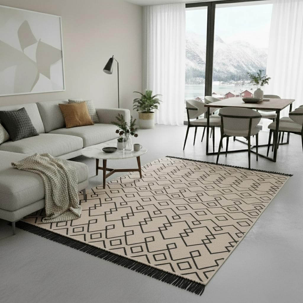 Jimri Tapis de Couloir - Tapis pour Salon, Chambre, Cuisine, Chambre d'enfant, Salle de Bain - Boho Kelim - Noir/Beige, 160 x 230 cm