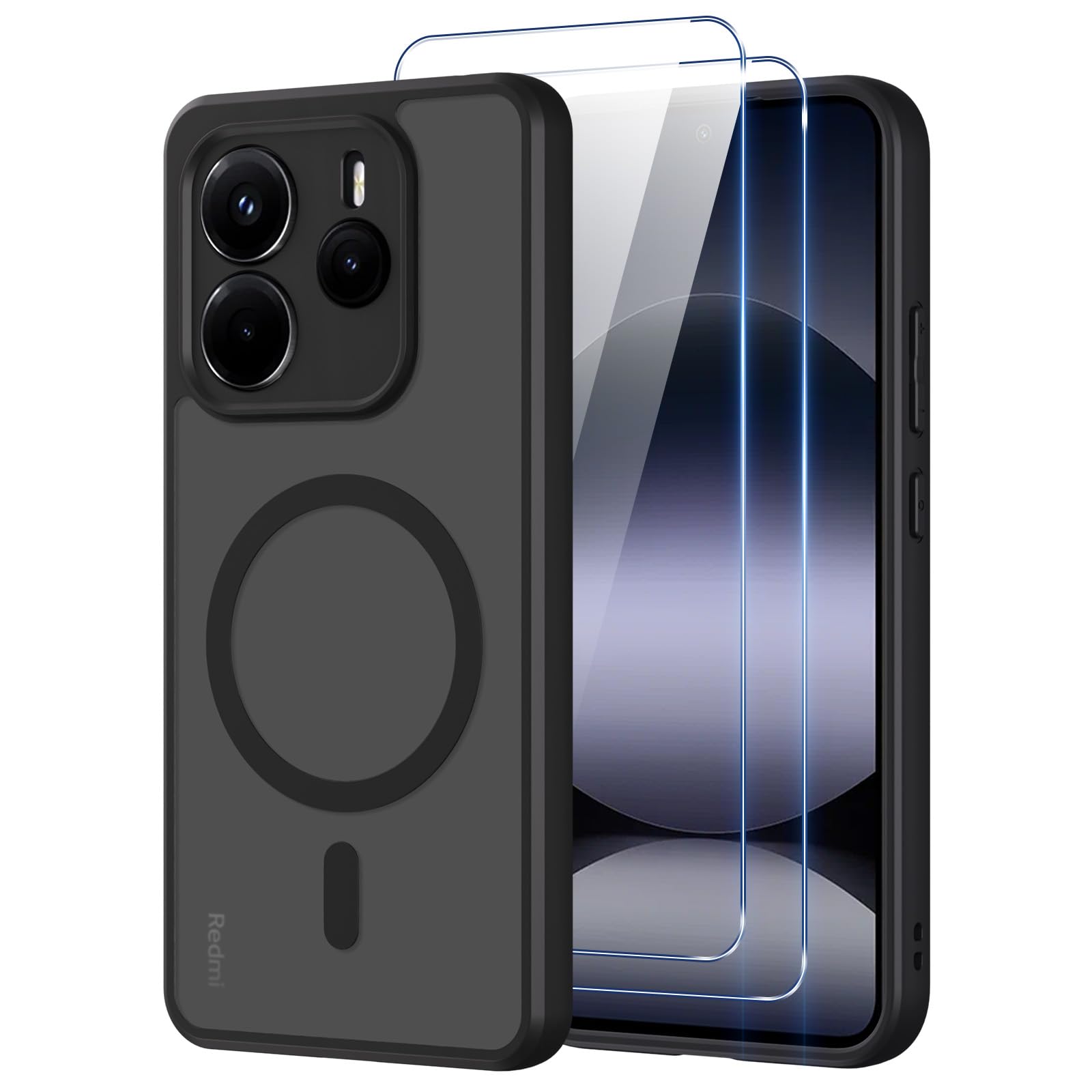 Pnakqil Magnetisch für Xiaomi Redmi Note 14 4G (Nicht für 5G) Hülle für Magsafe,Matt Transluzente Handyhülle mit 2 Panzer Schutz Glas,PC Härte Kratzfest Matte Dünn Magnetische Case,Schwarz