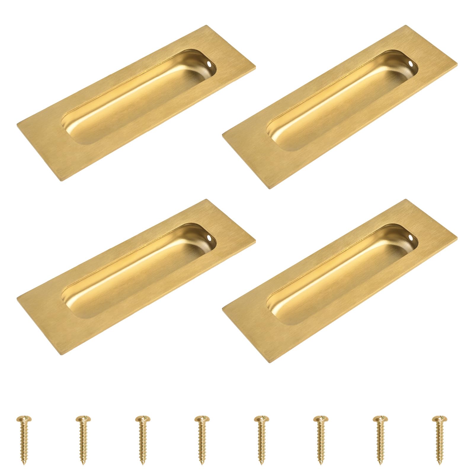 MOROBOR 4pcs Square Brushed Gold Flush Pulls, Recessed Finger Pull 4.7 Inch Length Sliding Door Handles Stainless Steel Cabinet Handles for Wardrobe Drawer