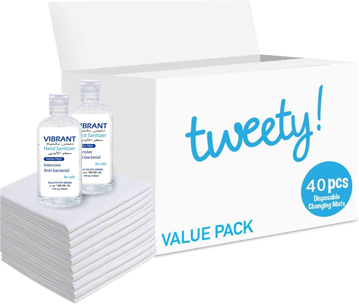 Tweety Disposable Changing Mats Value Pack (40 Pcs) With Hand Sanitizer 100Ml (X2, Changing Pad, Baby Changing Pad, Pet Changing Pad, Pet Training Pad, Baby Diaper Mat, Nappy Pad Pet Training Pad