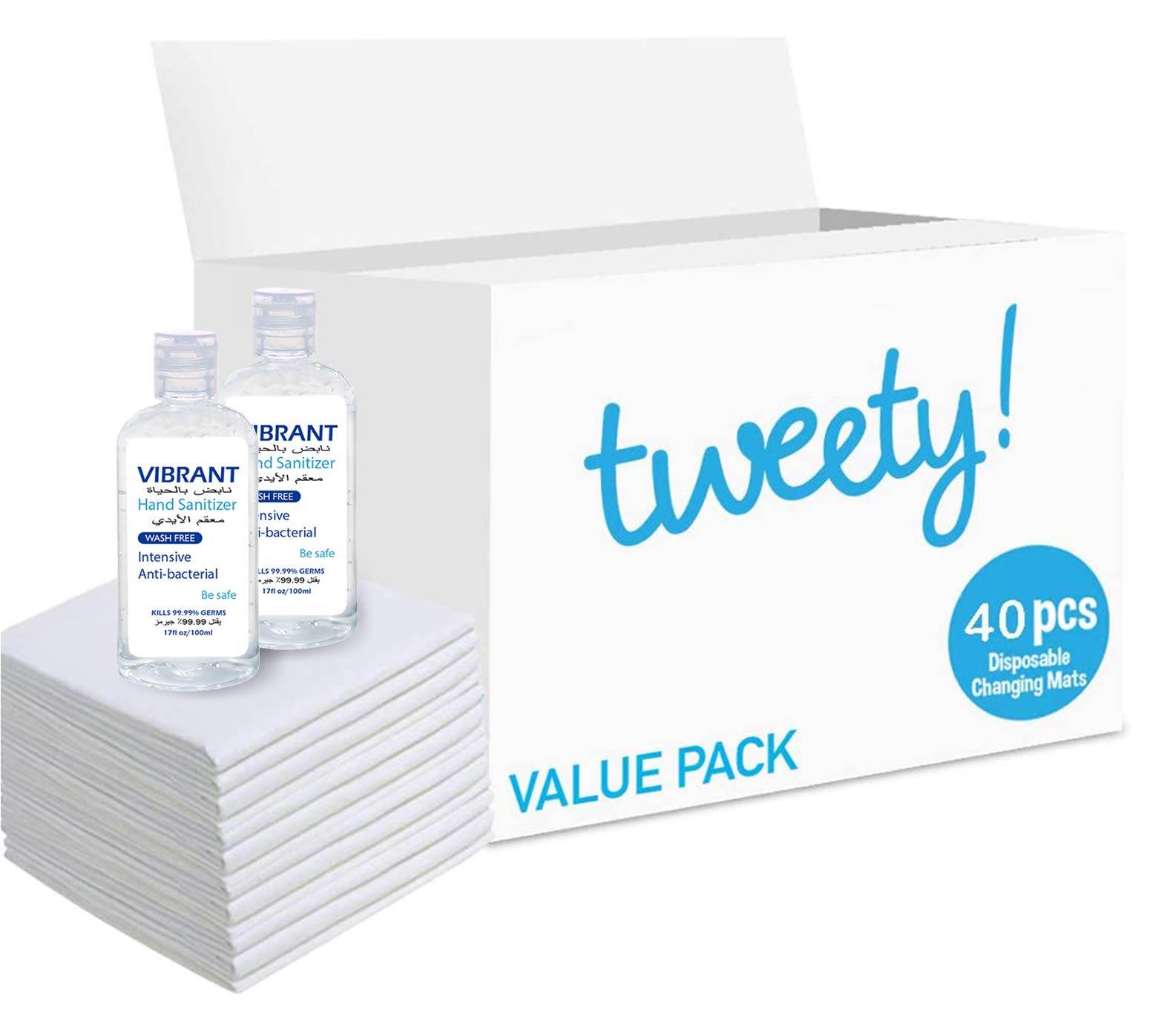 Tweety Disposable Changing Mats Value Pack (40 Pcs) With Hand Sanitizer 100Ml (X2, Changing Pad, Baby Changing Pad, Pet Changing Pad, Pet Training Pad, Baby Diaper Mat, Nappy Pad Pet Training Pad