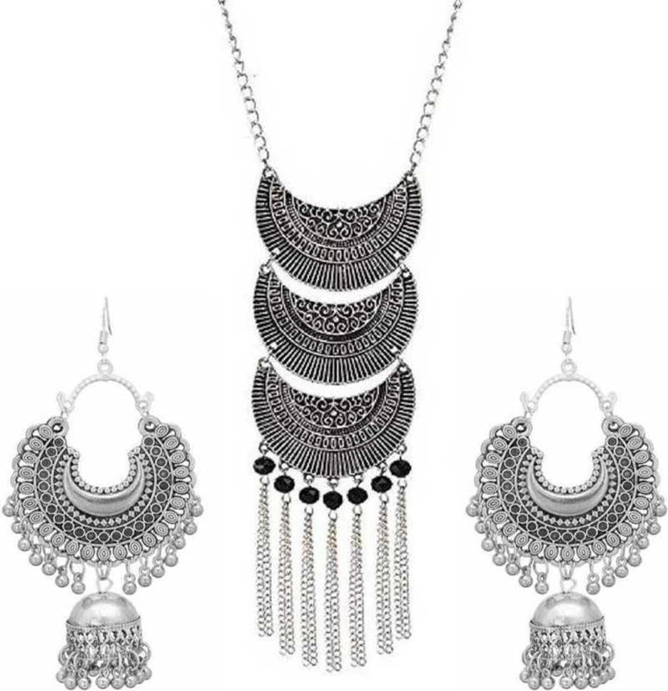 WORLD WIDE VILLA Oxidised Silver Chain & Earring Set For Women Pack of 1 White