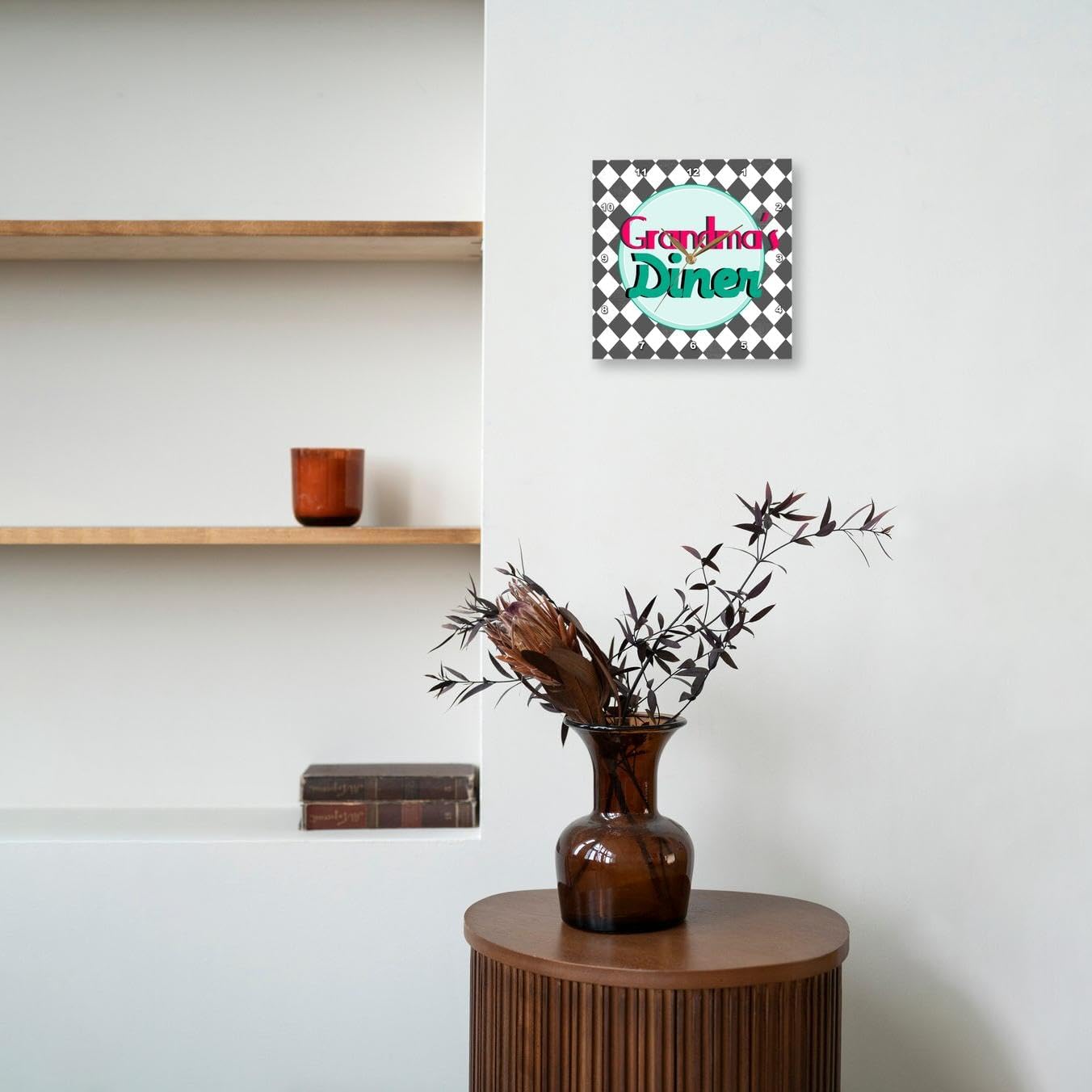 3dRose Grandmas Diner Sign on Black and White Diamonds Retro Hot Pink Aqua Teal 1950S 50S Fifties Kitchen - Wall Clock, 13 by 13-Inch (DPP_151652_2)