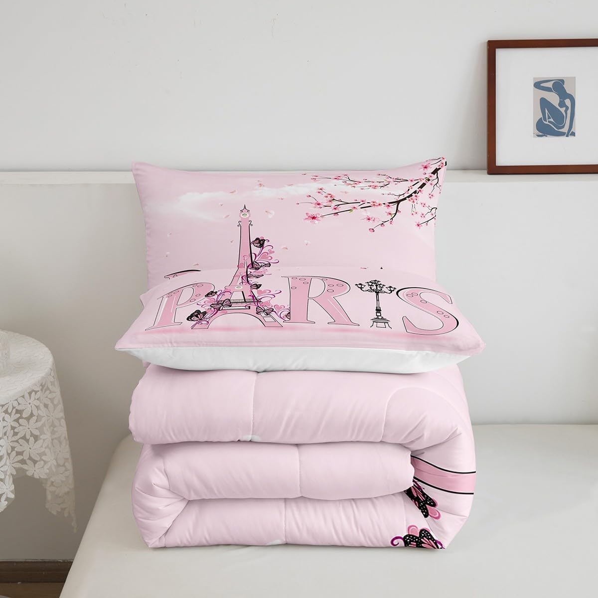 Eiffel Tower Comforter Chic Paris Bedding Set Romantic Theme Comforter Cover for Boys Girls Children Teens Black Pink Bedroom Decor Modern French Style Bedspread Cover Queen Size with 2 Pillow Case