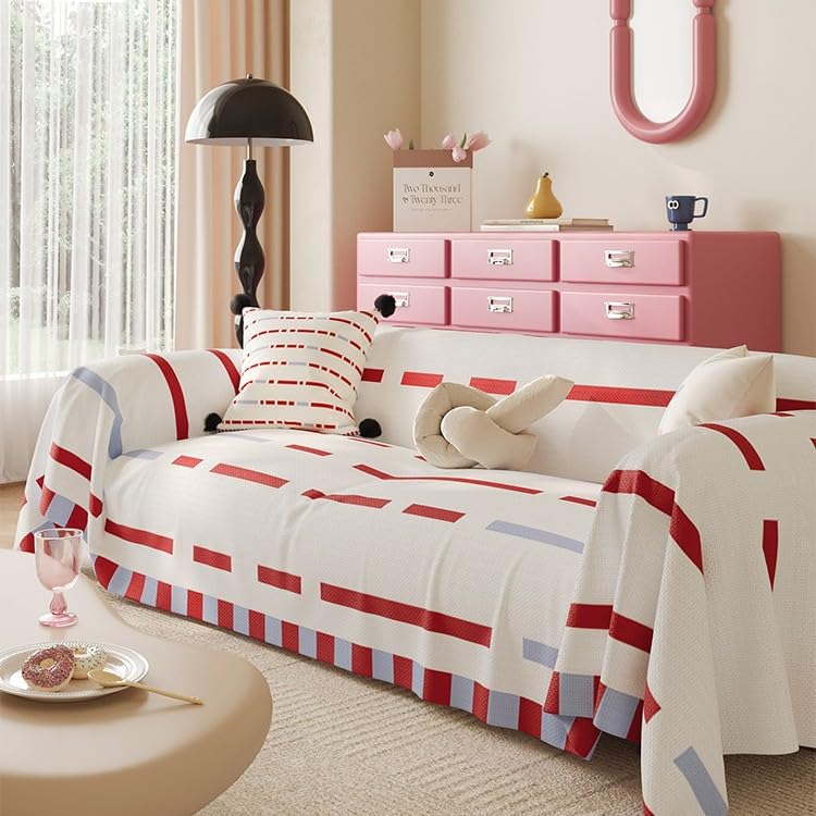 Surwin Throws for Sofas Large, Sofa Cover 3 Seater, Multicolour Slipcovers for L Shape, All-Season Universal Corner Couch Covers, for Chair Settees Bed Armchair (Red White,180x180cm)