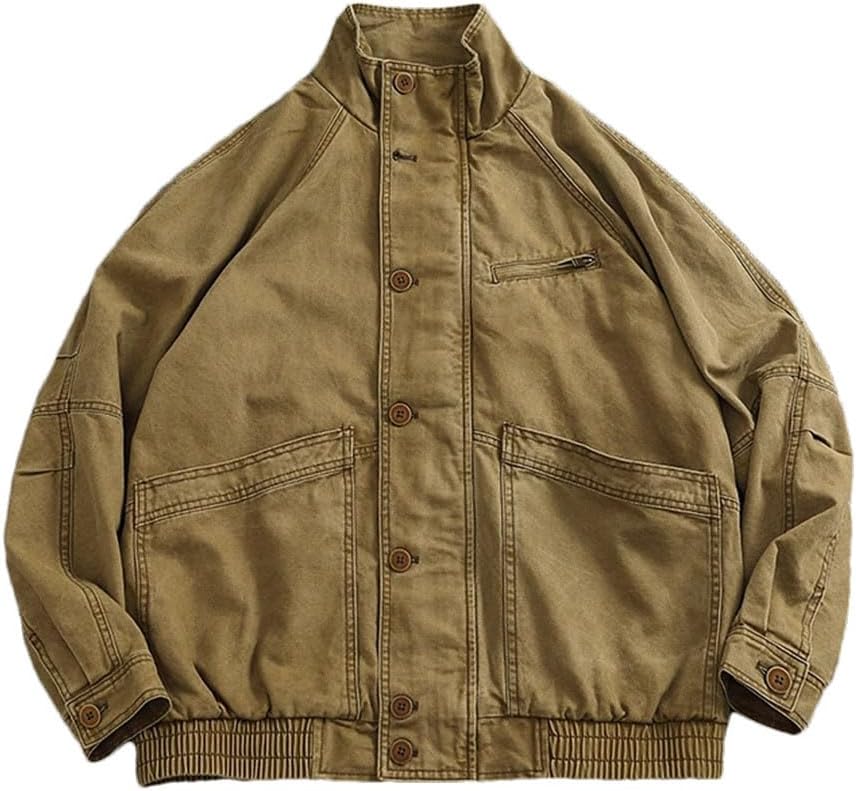 Men's Classic Vintage Workwear Jacket Stand Collar Utility Coat Cotton Twill Oversized Pockets