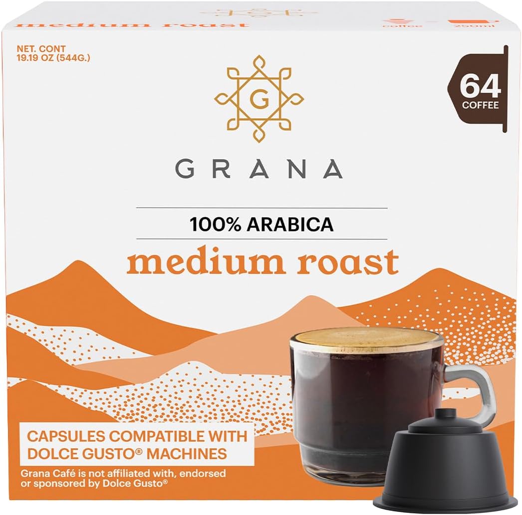 G GRANA Medium Roast Coffee Capsules Compatible with Nescafe Dolce Gusto Machines, 64 Single Serve Coffee Pods - 100% Arabica Single Source Ethical Coffee