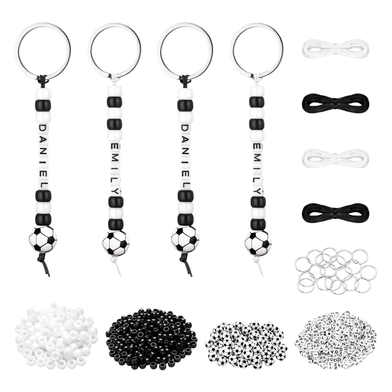 556 Pcs Football Keyring Making Kit Resin DIY Keychain Making Kit Includes Key Rings, Letter Bead, Football Bead, Black and White Beads and Cords Craft Keyrings for Backpack Charms, Party Favours