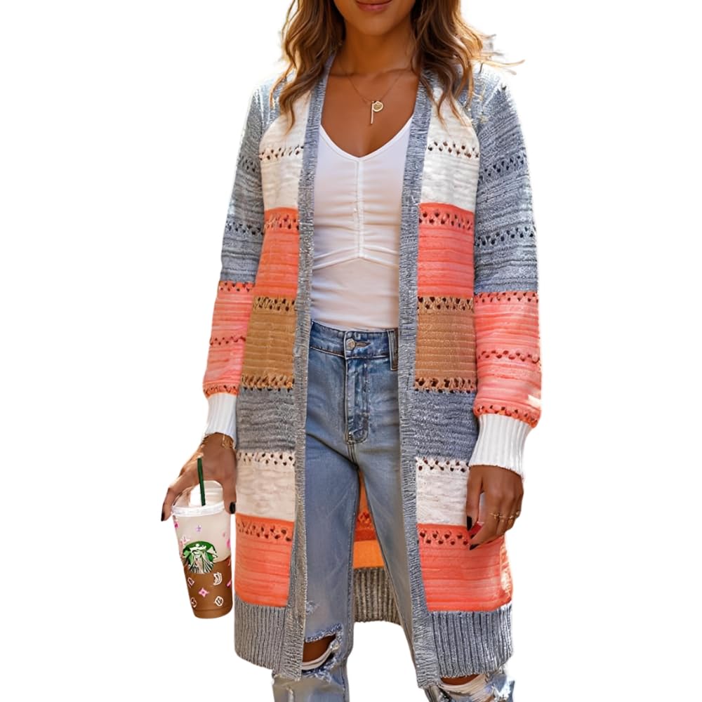 Womens Fall Color Block Hollow Out Eyelet Open Front Cardigan Sweater Oversized Long Sleeve Crochet Knit Long Outwear