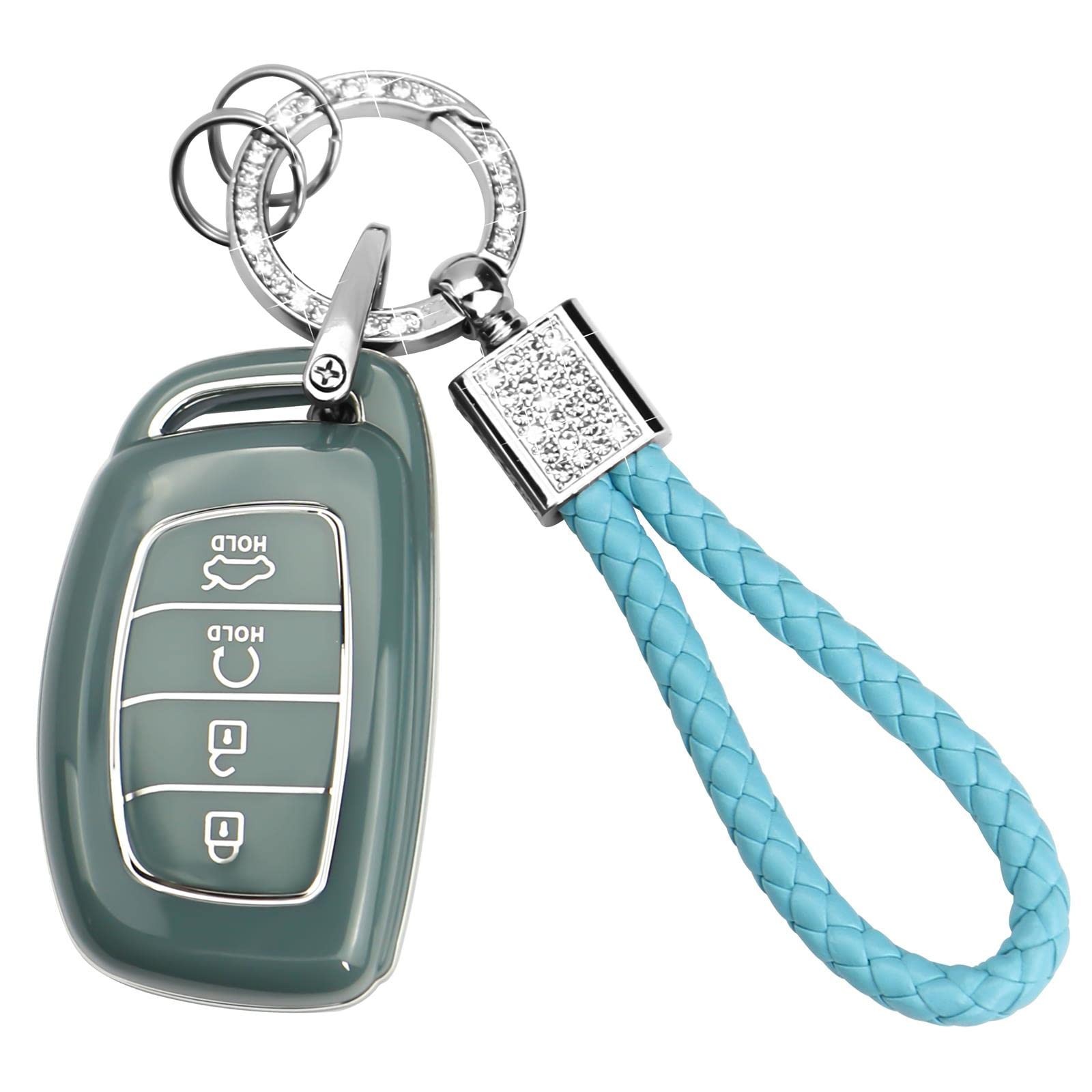 Photo 1 of Hepomll for Hyundai Key Fob Cover, Soft TPU Key Fob Case Full Protection Shell for Hyundai Elantra Tucson Sonata Elantra GT Ioniq 4 Buttons Smart Key with Women Men Leather Keychain 6Ring, Blue