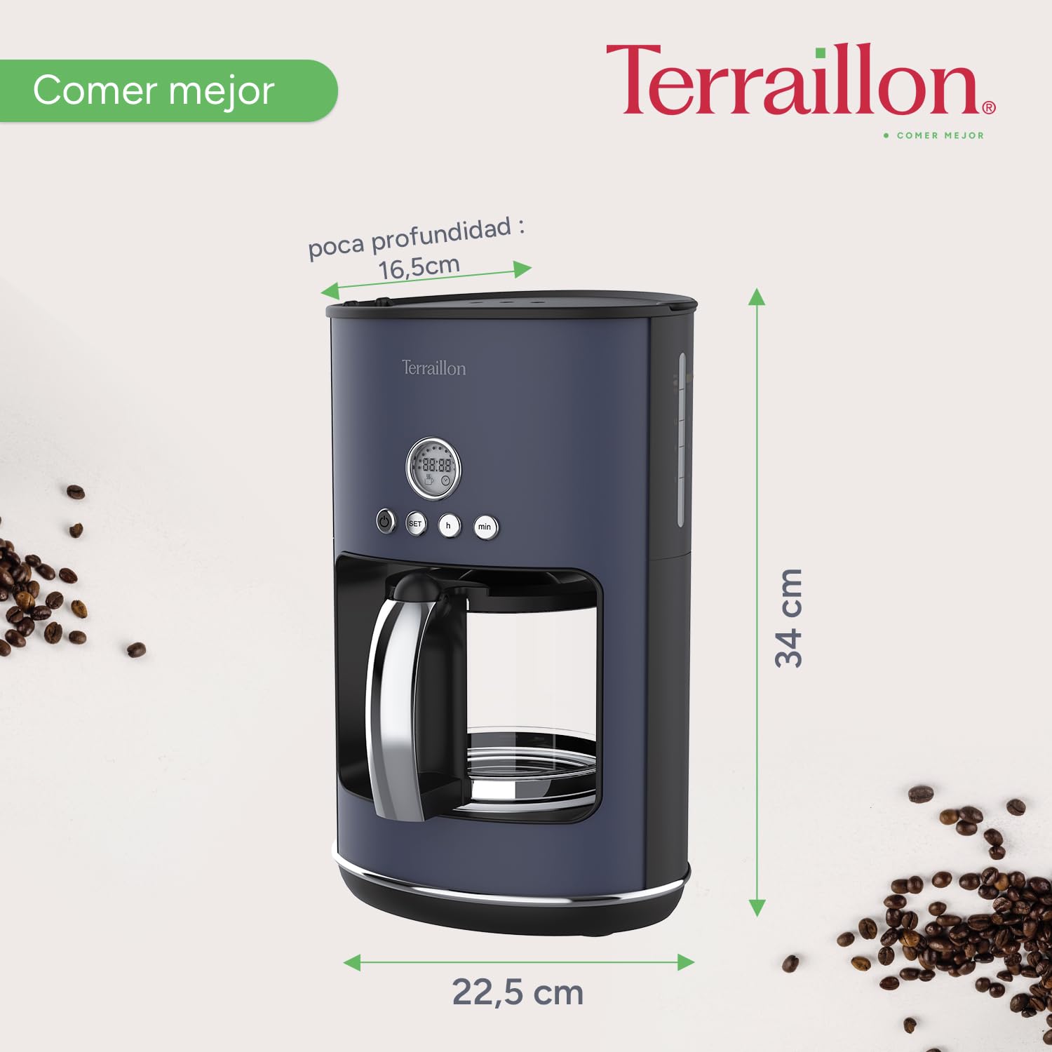 Terraillon - Cafetera de filtro eléctrico, programable, jarra de cristal, 1080 W, capacidad 1,25 L, mantenimiento caliente, función antigoteo, filtro extraíble, cuerpo de acero inoxidable pintado