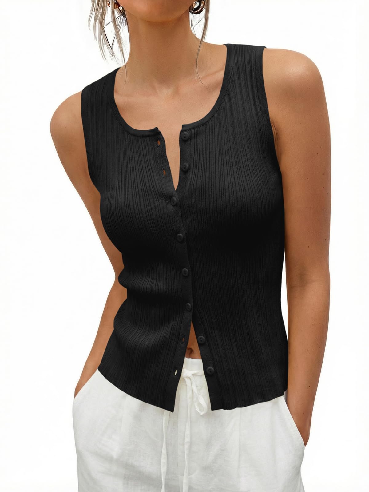 Womens Sleeveless Sweater Vest Button Down Ribbed Knit Tank Top Scoop Neck Summer Trendy Vest Tops-image-24