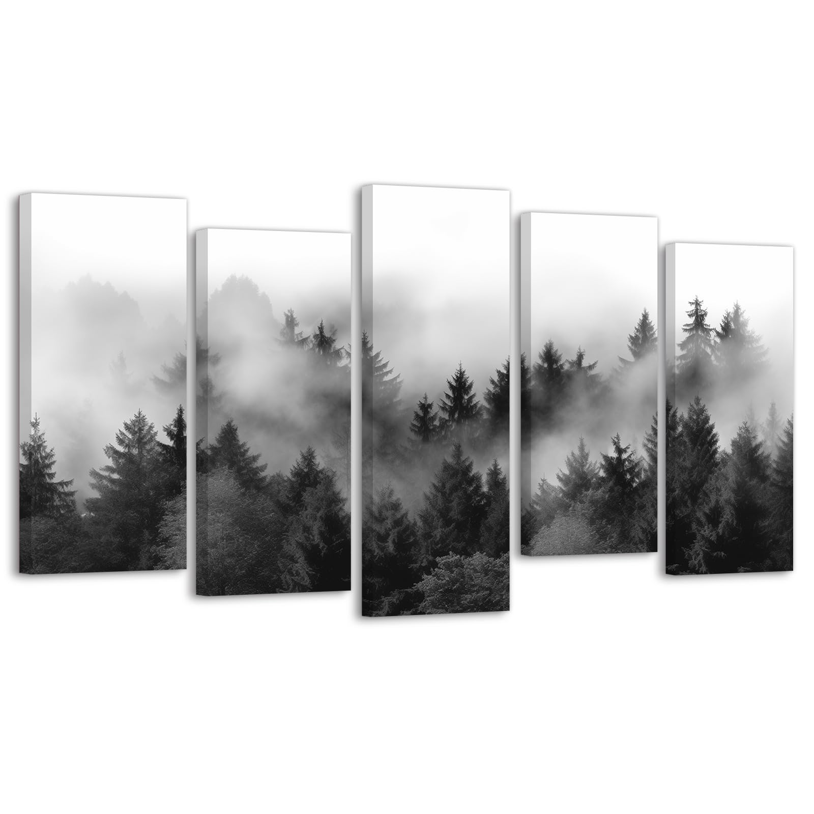 ZXHYWYM Mountain Canvas Wall Art 5 Pieces Misty Forest Pine Tree Painting Prints Black and White Landscape Wall Decor for Living Room Framed(3, (8"x18"x4 8"x22"x1))