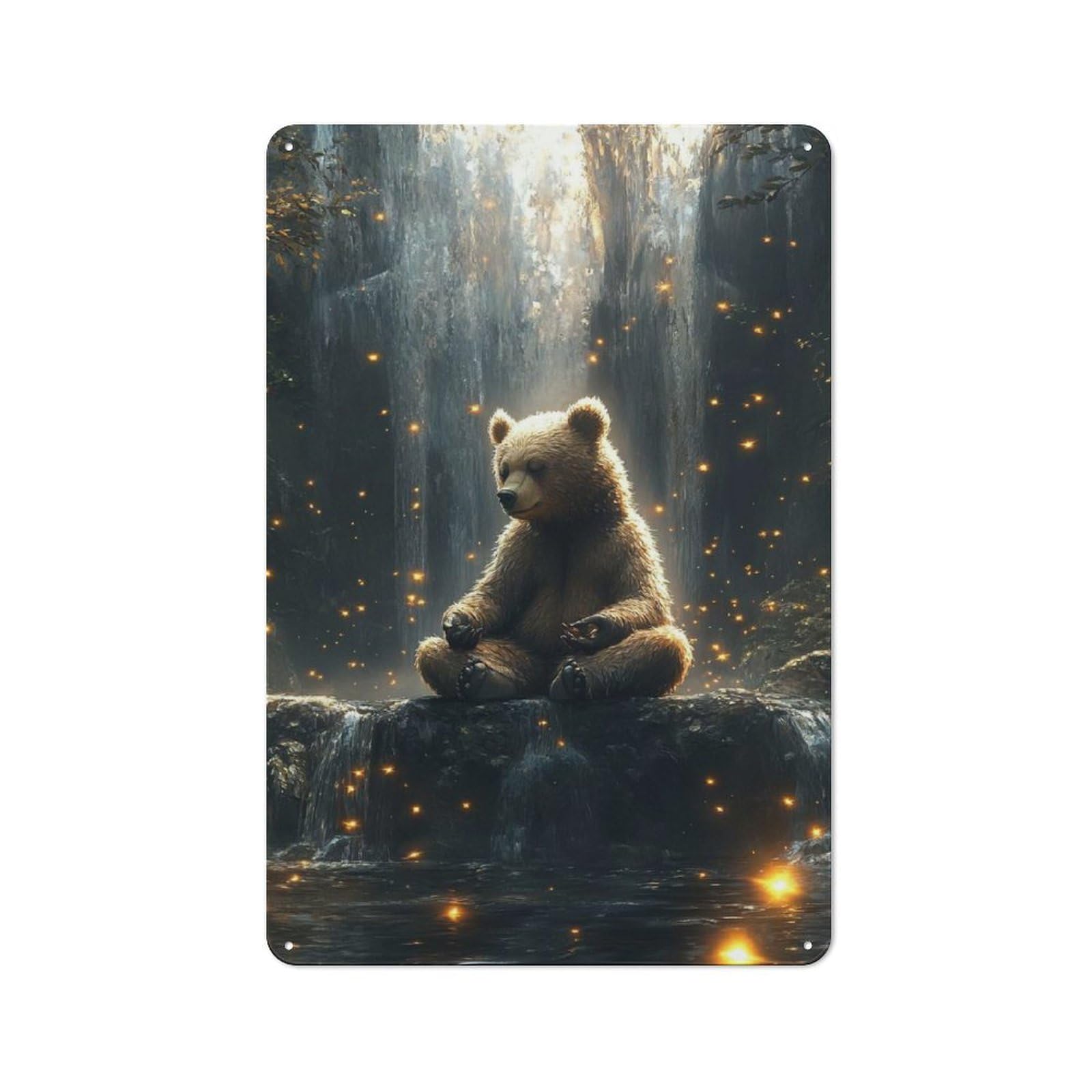 Junmoney Bear Meditating Waterfall Rustic Metal Wall Decor 30X20cm, Country Metal Sign For Kitchen, Cottage, Porch Or Garden Room