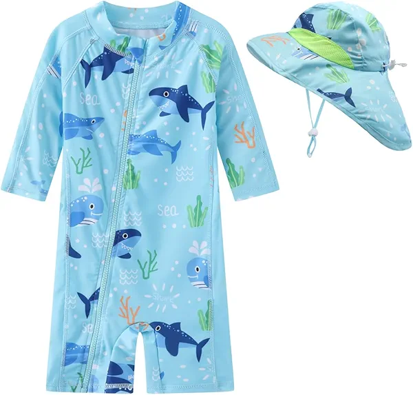 Toddler Baby Boys Swimsuit Rashguard One Piece Zipper Bathing Suit with Sun Hat Infant Swimwear Sunsuit UPF 50+