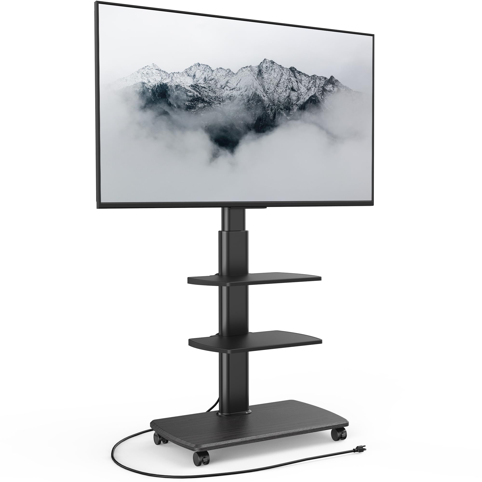 FITUEYES Rolling TV Stand with Power Outlets, Swivel Portable TV Stand for 32-75Inch LCD LED OLED Flat/Curved Panel Screen TVs, Height Adjustable&Wood Base, Mobile TV Cart with2 Shelf, Black.