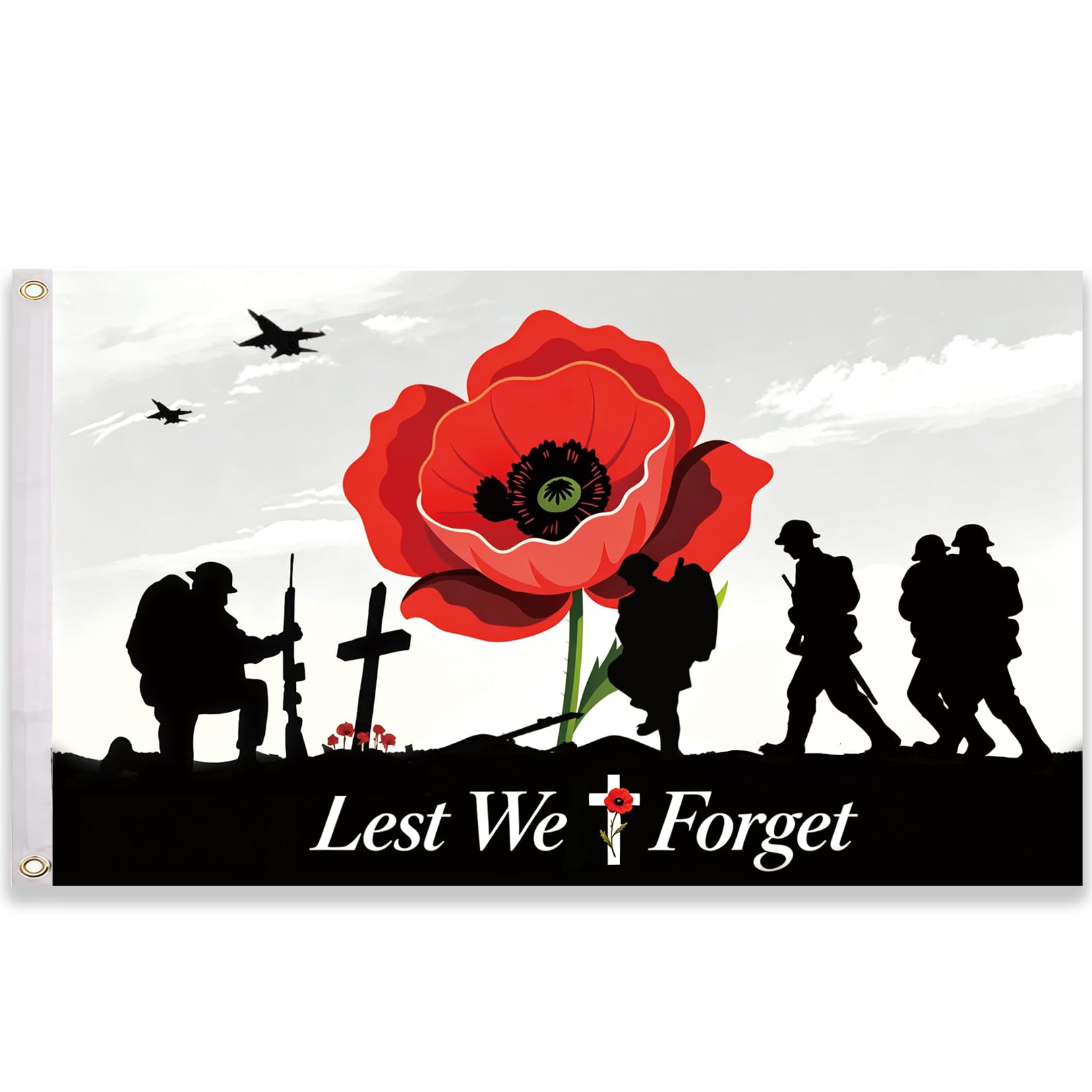 Solihigh Lest We Forget Flag – Premium Remembrance Day Poppy Flag 5ft x 3ft with 2 Eyelets for War Heroes Soldiers Armed Forces Remembrance Day Decorations