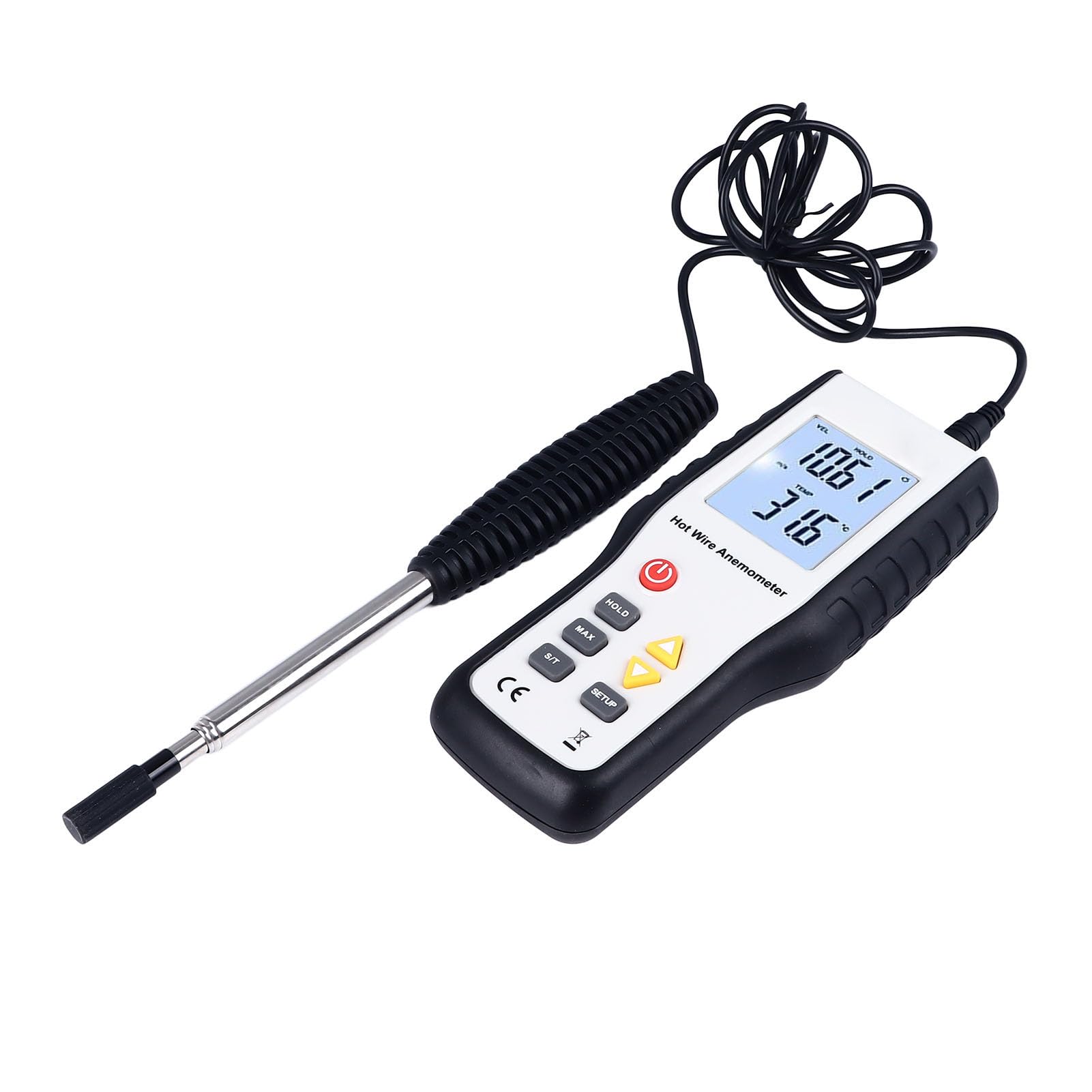 Cocoarm Anemómetro Térmico ABS Medidor de Velocidad del Viento LCD de Acero Inoxidable con Sonda Extensible de 1000 Mm Pantalla Retroiluminada Grande Lectura de Unidades Múltiples para Uso en el