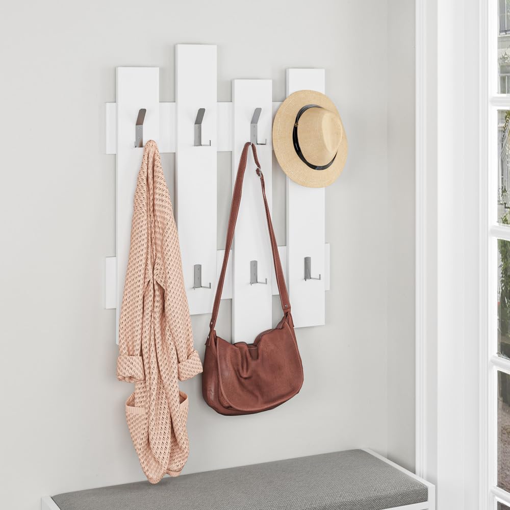 Wandgarderobe mit 8 stabilen Haken| platzsparender Flur Organizer für Mäntel| Taschen und Hüte| modernes Design zur Wandmontage| hohe Belastbarkeit| mehrere Farboptionen| 81 x 64 cm (Weiß)