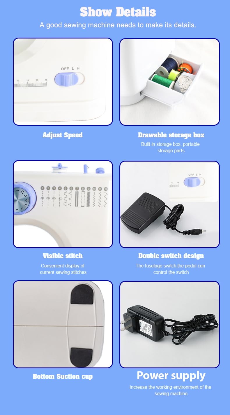 Máquina de coser para principiantes, mini máquina de coser eléctrica portátil pequeña con 50 piezas de tela y 32 piezas de hilo de coser, 12 puntadas integradas, 2 velocidades con pedal de pie (azul)