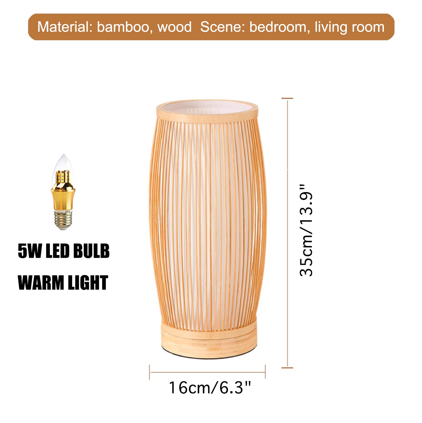 Lampada da tavolo in bambù lanterna decorativa illuminazione da tavolo rustica luce notturna lampada da comodino luce d'atmosfera per camera da letto, soggiorno, ristorante