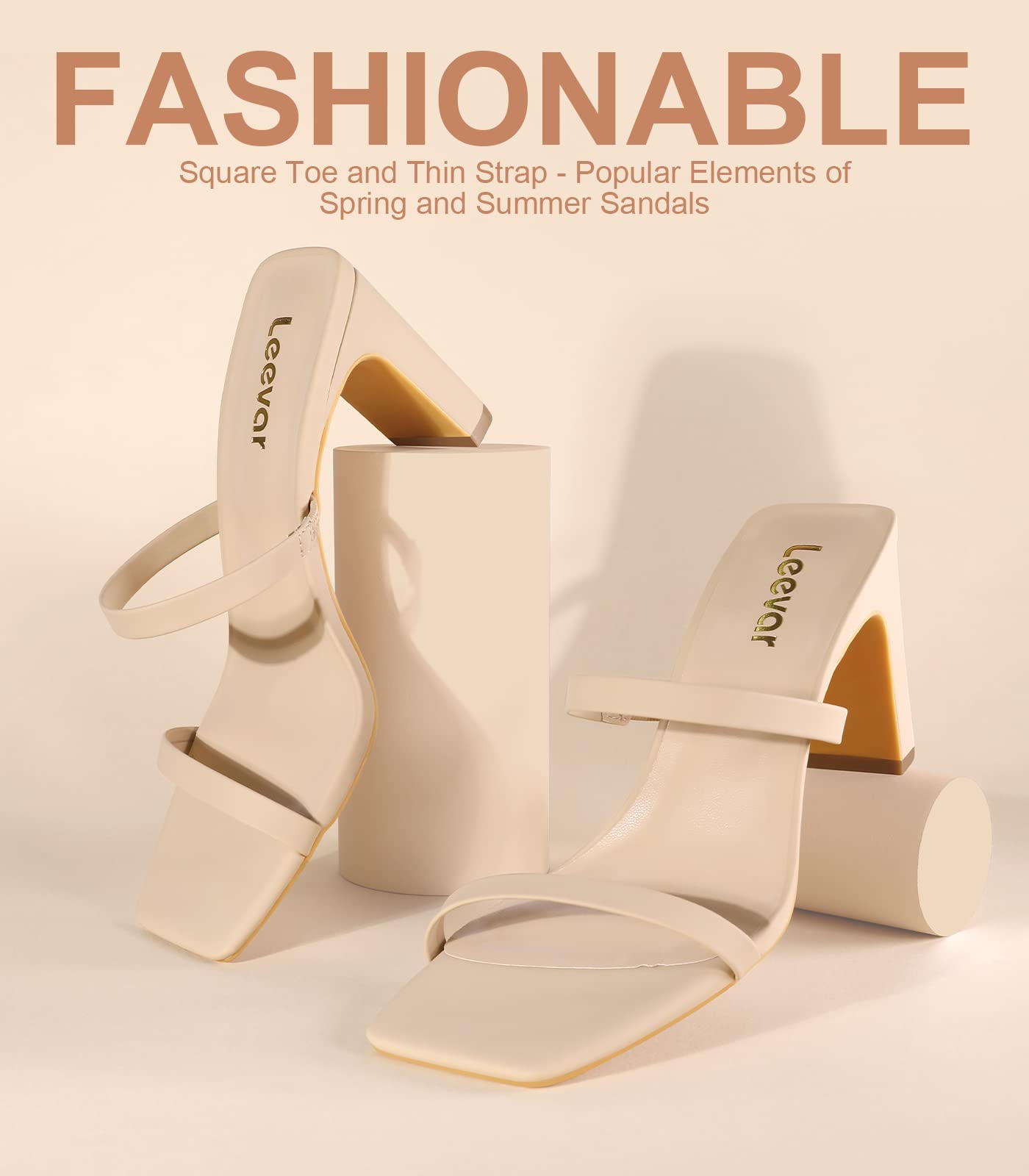 Leevar Square Toe Heels Sandals - White Black Nude Heels Chunky Two Strap Low Heels for Women Leather Mule Sandals Slip On Block Heels for Party Dating Daily Standard Size 2.75 Inch