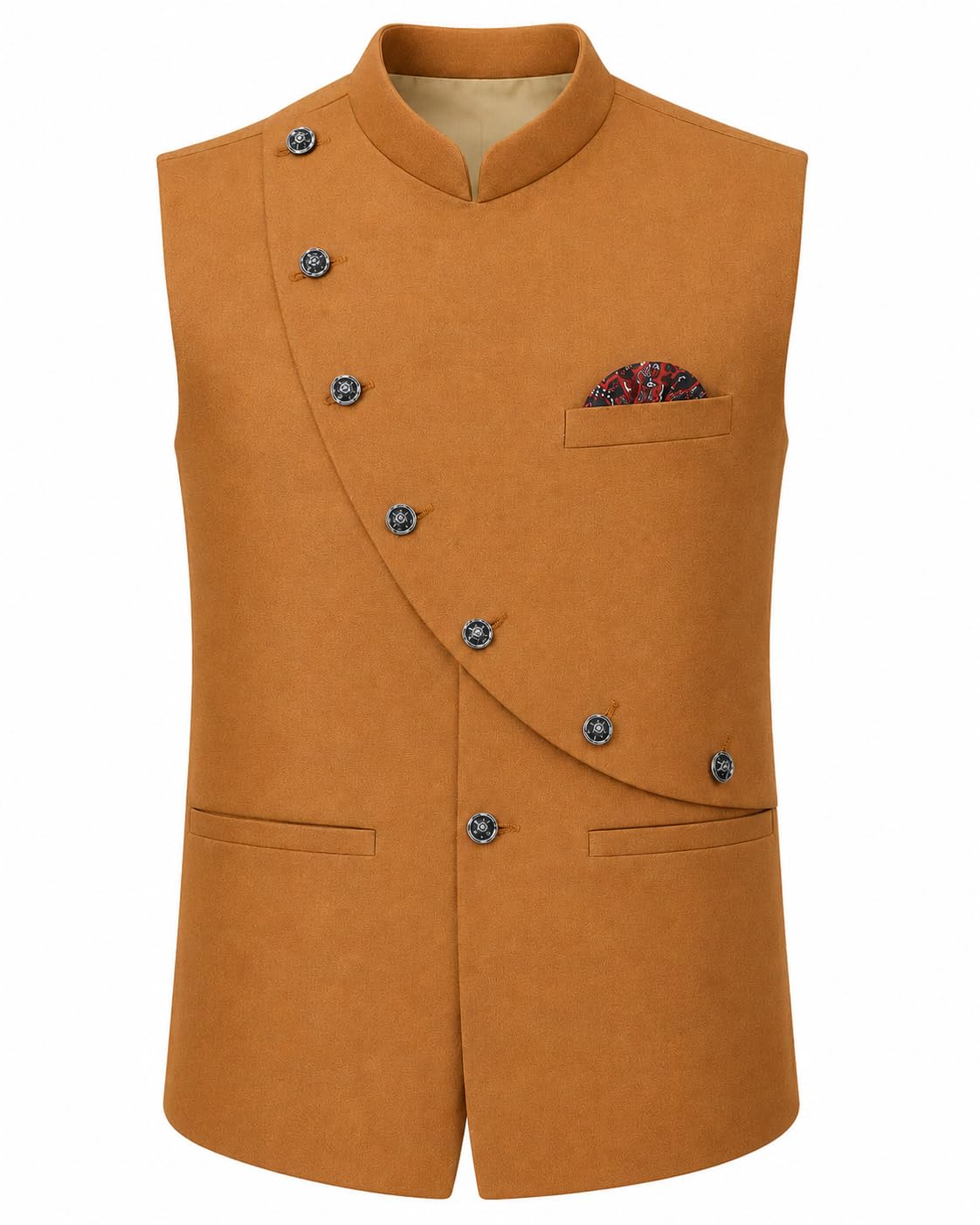 Men's Stylish Designer Half Courty Ethnic Nehru Jacket | Mandarin Collar Sleeveless Waistcoat | Party, Wedding | Camel Brown For 17 to 18 Years Boy-picture-10