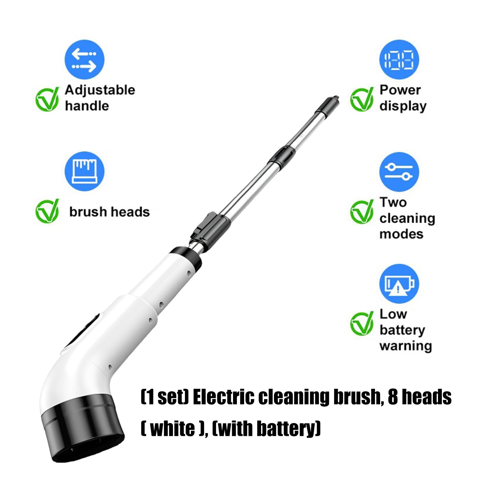 Cepillo eléctrico de lechada con mango recargable, juego de cepillos giratorios de 8 cabezales para líneas de cerámica, bañera, fregadero, suelo, pared y vidrio, limpiador eléctrico