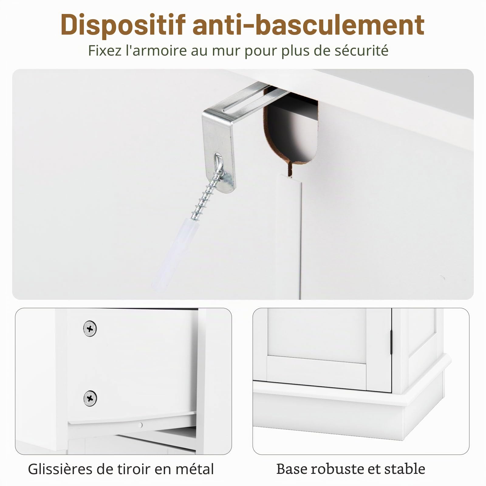 LIFEZEAL Armoire de Salle de Bain autoportante avec 2 tiroirs et Portes, Armoire de Salle de Bain avec étagère réglable, Meuble de Sol pour Salle de Bain, Salon, Cuisine (Blanc)