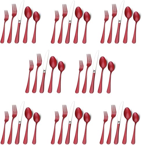 Bysta - Juego de cubiertos rojos de acero inoxidable de 40 piezas, juego de utensilios de cocina para 8, juego de cubiertos para el hogar y