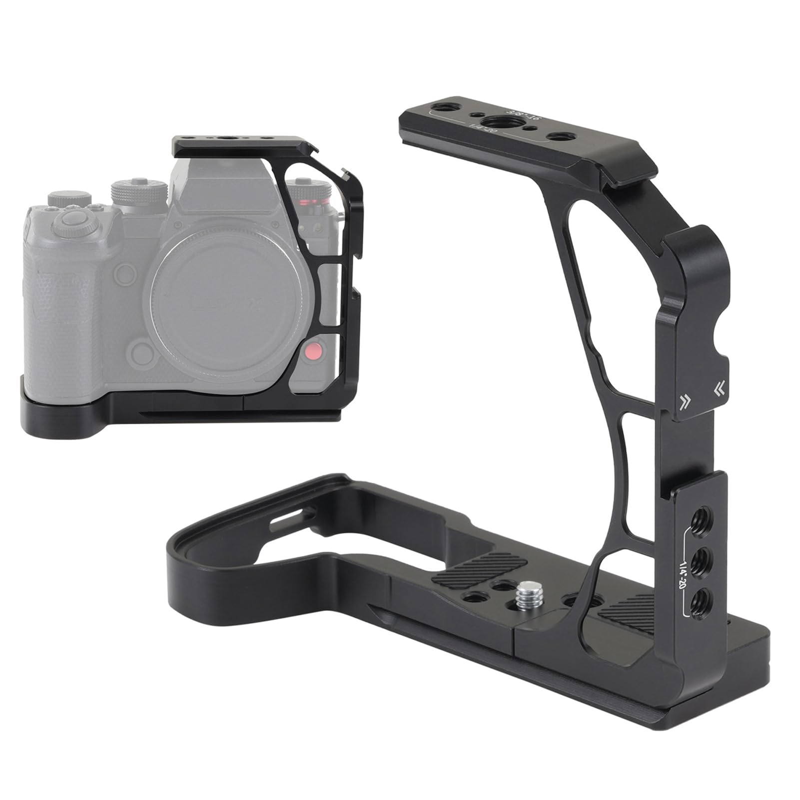 Halber Kamerakäfig für Lumix S1 II S1R II, Aluminium-Video-Rig mit Arca Swiss-Schnellwechselplatte, NATO-Schiene und Kaltschuh für Stativ-Kardanstabilisator, 1/4 3/8 Halterungen