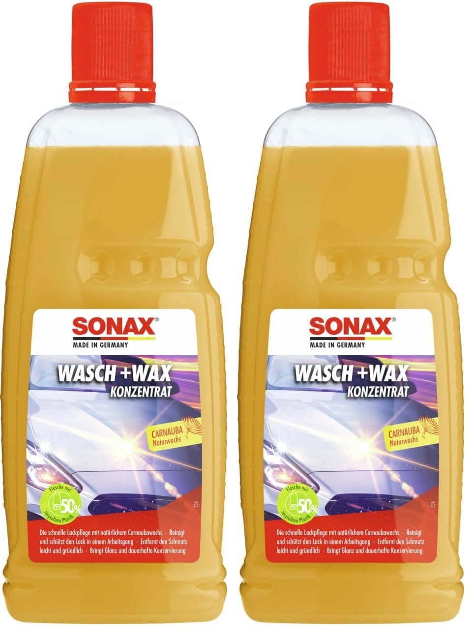 SONAX Wasch+Wax (1 Liter) gründliche Schmutzentfernung und dauerhafter Schutzfilm aus natürlichen Carnauba-Wachs | Art-Nr. 03133410 (Packung mit 2)