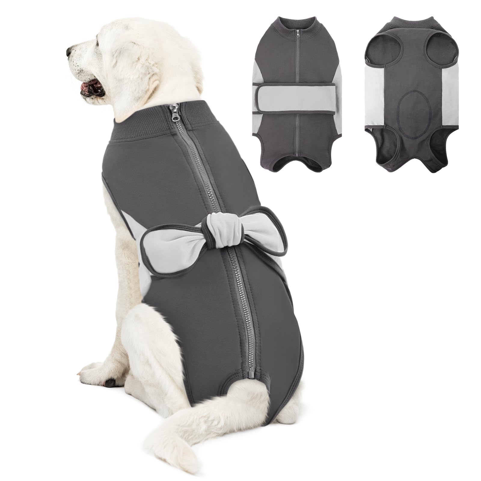 SAWMONG Zipper Recovery Suit for Dogs, Cotton Dog Surgery Suit Female Spay Pet Male Breathable, Neuter Onesie Bodysuit Prevent Licking Wounds, Substitute E-Collar &amp; Cone(Gray, X-Large)