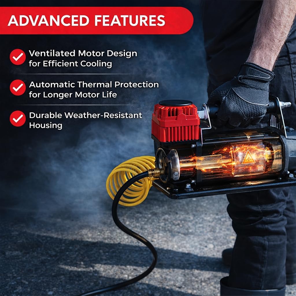 12V Portable Air Compressor – 5.65 CFM Heavy-Duty Tire Inflator for Truck, SUV & Off-Road Vehicles – 150 PSI Battery Clamp Air Pump with Gauge & Storage Bag