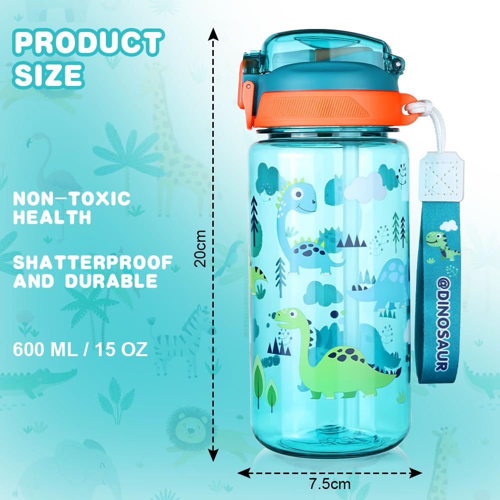 Flintronic 600ML Gourde Enfant avec Paille, Bouteille Enfant avec Poignée, Anti-Fuite, sans BPA Tritan pour l'école Sport (Vert-Dinosaures)
